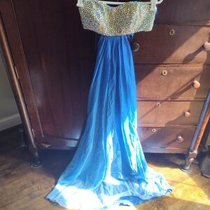 La Femme Strapless Blue Chiffon Gown with Beaded Bodice Prom Dress